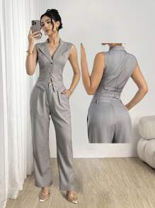 Modelyn 2pcs/Set Women Short Waist Fitted Vest With Lapel Collar And Pants - Grey - View 1