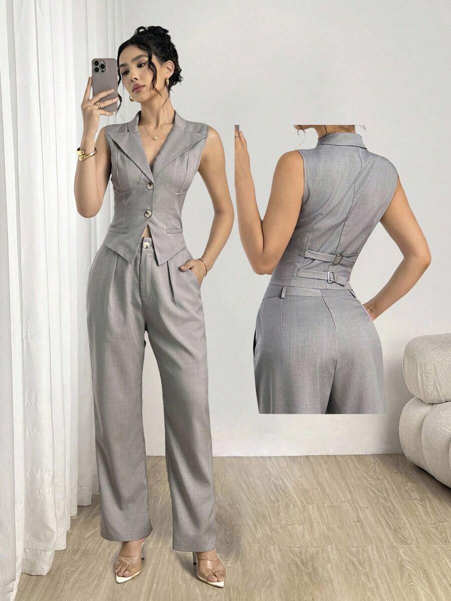 Modelyn 2pcs/Set Women Short Waist Fitted Vest With Lapel Collar And Pants - Grey - View 1