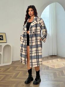 SHEIN EZwear Áo gió dài tay cổ bẻ in họa tiết kẻ caro thời trang thu đông cỡ lớn cho nữ - Nhiều màu - Xem 5