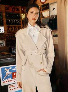 Easelle Trench Coat Early Autumn Coat Thin Windbreaker Top Outdoor Leisure All-Match Lace-Up Windbreaker Early Autumn Long Sleeve Belt Short Boho - Khaki - View 6