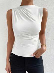 SHEIN PETITE Blanco Verano Top sin mangas de mujer con cuello de pie elegante y plisado - Blanco - Ver 5