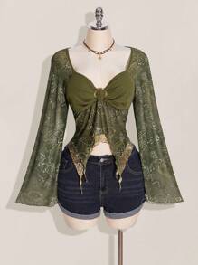 SHEIN ICON Women's Bohemian Holiday Paisley Print T-Shirt, Asymmetric Hem, Bell Sleeves, Vintage Y2k, Fall Boho Tops For Women Olive Green Top Paisley Top Bohemian Top Bell Sleeve Top,Back To School Bohemian Tops