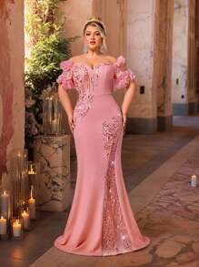 SHEIN Belle Robe de soirée formelle et élégante grande taille à épaules dénudées, col en cœur romantique, avec garniture de plumes, patchwork brodé, tricot extensible, fendue Top de la cuisse en forme de queue de poisson. Robe de soirée de luxe