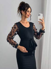 SHEIN Lace-Up Embroidered Elegant Maternity Dress - Black - View 5
