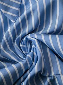 Franclia 不对称腰部修身条纹长袖女衬衫 - 藍色 - 查看 6