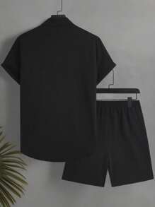 Manfinity KASUA 男士纯色短袖单排扣衬衫和短裤沙滩套装