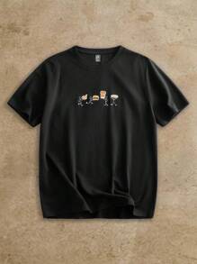 Anewsta Men's Casual Loose Crew Neck Short Sleeve Top, Cartoon Embroidered Black T-Shirt