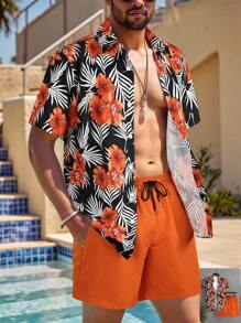 Surfspeed Men's Tropical Print Casual Shirt & Shorts Set, Vacation Outfit Men Vacation Short Sets Men Hawaii Outfit Short Set Men Flowers - Orange - View 2