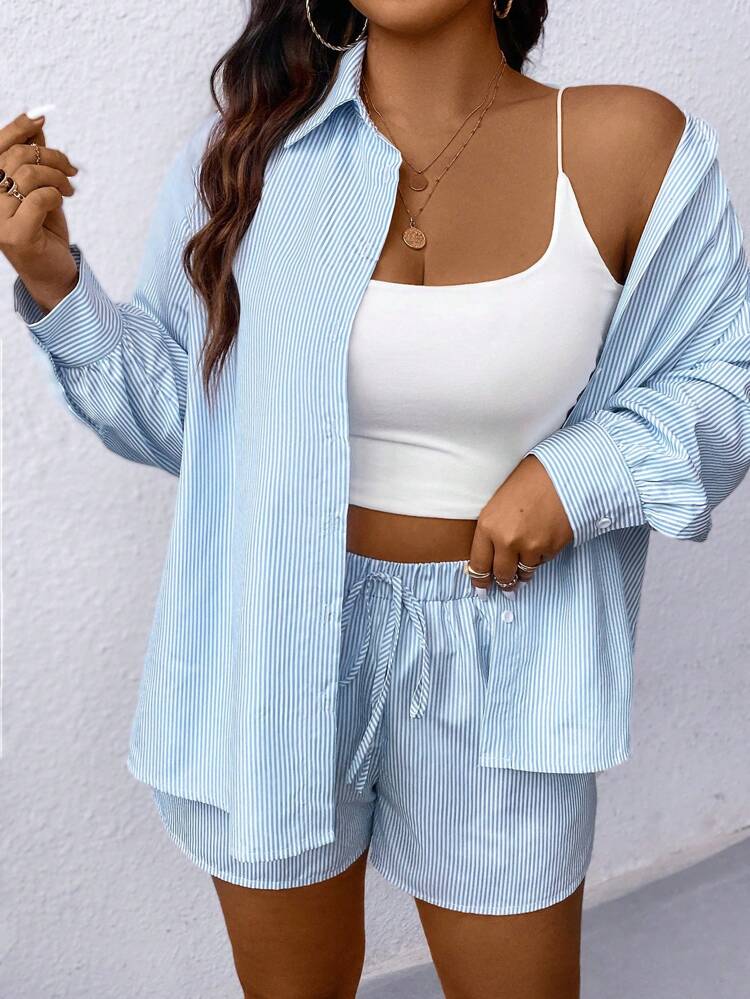 Plus Size Striped Printed Casual Long Sleeve Shirt And Shorts 2-Piece Set