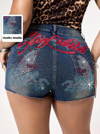 ROMWE Avant Y2K Baddie Koi Fish Rhinestone Letter Embroidery Super Low Waist Plus Size Women's Denim Shorts