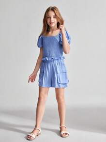 Ontre Set 2 piese pentru fete preadolescente: cămașă cu mâneci bufante și volane și pantaloni scurți cargo