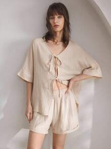 Ocili 女士舒适棉质简约V领系带睡衣、家居服 - 杏色 - 查看 2