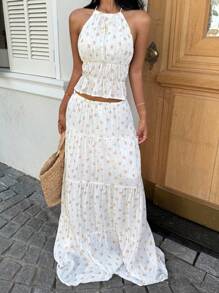 Sunnyshic Floral Halter Neck Backless Top With Two-Layer Strap And A-Line Skirt Set, Sexy And Sweet, Suitable For Spring/Summer Vacation - Multicolor - View 3
