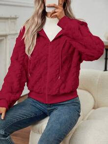 EMERY ROSE Women Casual Solid Color Textured Fleece Hooded Zipper Jacket Fall Winter Cloth For Women - Burgundy - View 5