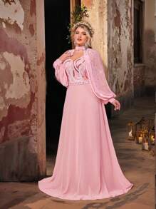 Plus Size Elegant Romantic Sweetheart Neck Detachable Sleeve Handmade Bead Decor Luxury Sequin Spliced Chiffon Big A-Line Hem Evening Gown, Summer - Pink - View 5