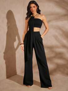 Hauture Pantalones casuales de mujer de pierna ancha y bolsillo en diagonal, de unicolor y holgados - Negro - Ver 1