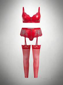 SHEIN 拉链 PU 拼接蕾丝拼接文胸 + 内裤 + 丝袜 3 件套，修身拼接，高腰内裤，时尚朋克大码内衣红色内衣套装吊袜带内衣套装红色文胸和内裤套装女士性感内衣内衣套装狂欢 - 紅色 - 查看 6