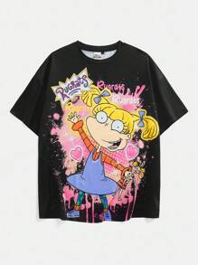 Nick 90s | SHEIN 大码休闲卡通图案圆领短袖T恤 Y2K可爱T恤 图案T恤 女款图案T恤 女款图案T恤 节日女装 - 黑色 - 查看 3