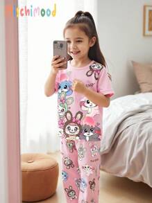 Young Girls Cute Cartoon Rabbit Print Pajama Set, Pink Rabbit Print Top With Matching Pink Bottom Shorts, Comfortable And Casual Set Girls Pyjamas Cartoon Pajamas - Pink - View 1