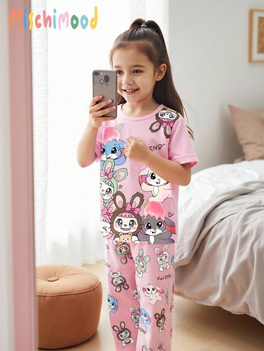 Young Girls Cute Cartoon Rabbit Print Pajama Set, Pink Rabbit Print Top With Matching Pink Bottom Shorts, Comfortable And Casual Set Girls Pyjamas Cartoon Pajamas - Pink - View 1