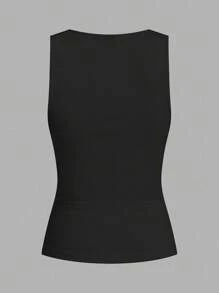 Slaydiva 2pcs Women Casual Notched Neck Ruched Tight Ribbed Fabric Tank Top Set, Suitable For Summer Back To School - Multicolor - View 6