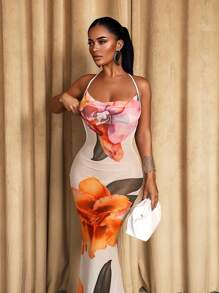 Sirith 女式无袖露背蝴蝶印花连衣裙，性感夏日 - 彩色 - 查看 5