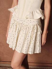 Savoree Fashionable And Elegant Polka Dot Pleated High Waist Bow Mini Skirt For Women, Summer - Apricot - View 4