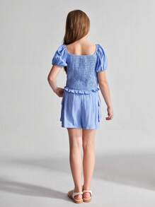 Ontre Set 2 piese pentru fete preadolescente: cămașă cu mâneci bufante și volane și pantaloni scurți cargo