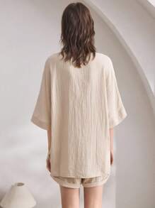 Ocili 女士舒适棉质简约V领系带睡衣、家居服 - 杏色 - 查看 3