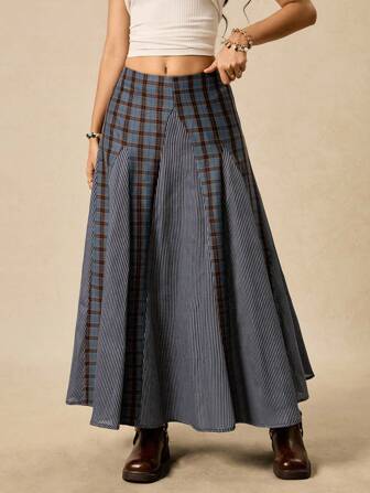 SHEIN EZwear Plus Size Plaid Patchwork Skirt