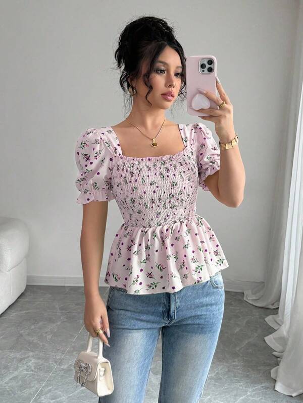 Elenzga Women's Elegant Ditsy Floral Fitted Button-Up Shirt