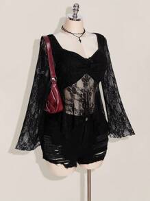 SHEIN ICON Áo kiểu dáng cỡ lớn, chất liệu ren nhún bèo, cổ tim, vạt bất đối xứng, phong cách Y2K, kiểu babydoll, thích hợp cho hẹn hò, đi nghỉ mát, du lịch. Dành cho phụ nữ. - màu đen - Xem 4