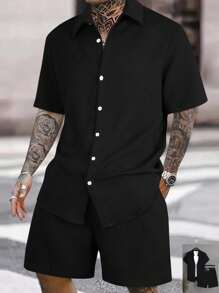 Manfinity KASUA 男士纯色短袖单排扣衬衫和短裤沙滩套装