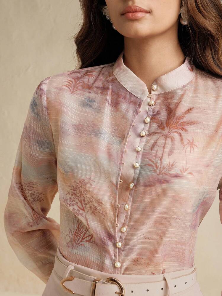 Women Stand Collar Button-Up Long Sleeve Blouse