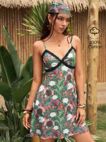 ROMWE The White Lotus Contrast Lace Floral Print Mini Dress - Multicolor - View 1