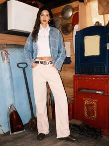 Easelle 女士休闲花卉刺绣牛仔夹克，适合春秋季 - 藍色 - 查看 3