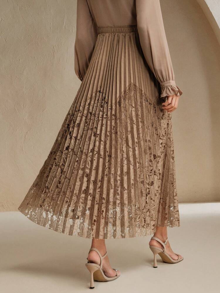 Women's Lace Patchwork Design Pleated Ruffle Maxi Long Skirt