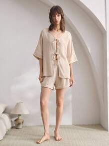 Ocili 女士舒适棉质简约V领系带睡衣、家居服 - 杏色 - 查看 7