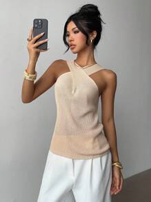 Elenzga Back To School Casual Niche Design Criss-Cross Neck Knit Sweater, Retro Style For Women, Spring/Autumn