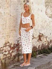 SHEIN ICON Women's Cherry Print Fitted Spaghetti Strap Top With Mermaid Hem Skirt 2 Pieces Set, Casual Summer Look