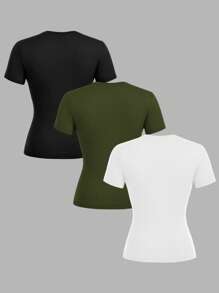 SHEIN EZwear 3 件套女士黑色、绿色、白色圆领休闲紧身长袖 T 恤套装，适合夏季