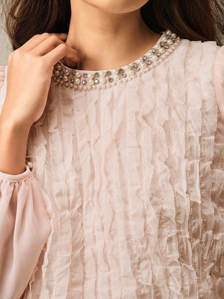 New Spring/Summer Pearl & Rhinestone Embellish Loose Lantern Sleeve Blouse For Women