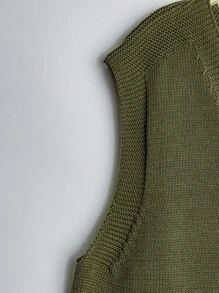 Linhara 大码女式纯色针织V领前扣无袖休闲背心，春秋季 - 墨綠色 - 查看 5