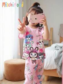 Young Girls Cute Cartoon Rabbit Print Pajama Set, Pink Rabbit Print Top With Matching Pink Bottom Shorts, Comfortable And Casual Set Girls Pyjamas Cartoon Pajamas - Pink - View 4