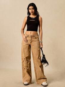 Easelle Pantalon à étoile à cinq branches, bord brut, style rétro décontracté pour l'été - Camel - Voir 8