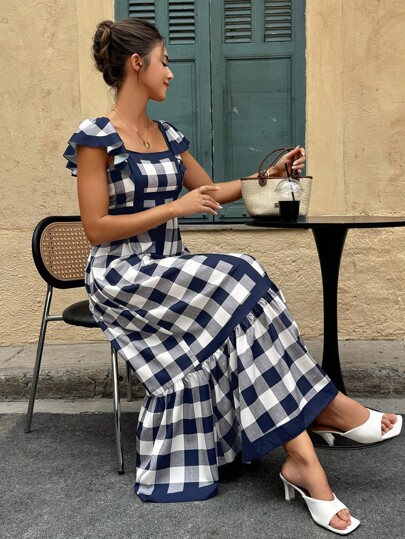 SHEINBlues Women's Elegant Plaid Print Shirred Ruffle Hem Dress, Summer Fashion