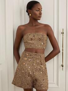 Revavyn Bộ 2 món: Áo ống thêu sequin màu nâu và vàng + quần short thanh lịch bằng vải tuýt dành cho nữ - Cà phê nâu - Xem 6