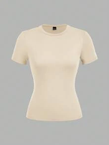 SHEIN EZwear Bộ 3 áo thun dài tay bó sát cổ tròn thường ngày cho nữ màu đen, nâu đậm, màu mơ, thích hợp cho mùa hè - Nhiều màu - Xem 6