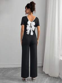 SHEIN Salopetă de maternitate cu guler rotund și fundă, culoare solidă, fără spate, culoare solidă - Negru - Vizualizare 2