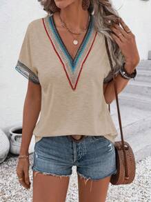 SHEIN LUNE 女士蕾丝拼接 V 领蝙蝠袖短袖休闲 T 恤